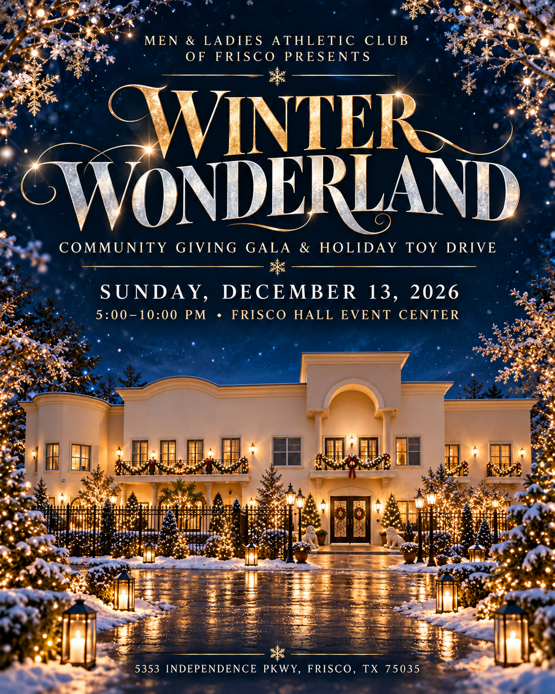 Winter Wonderland gala flyer with a festive artistic rendering of Frisco Hall